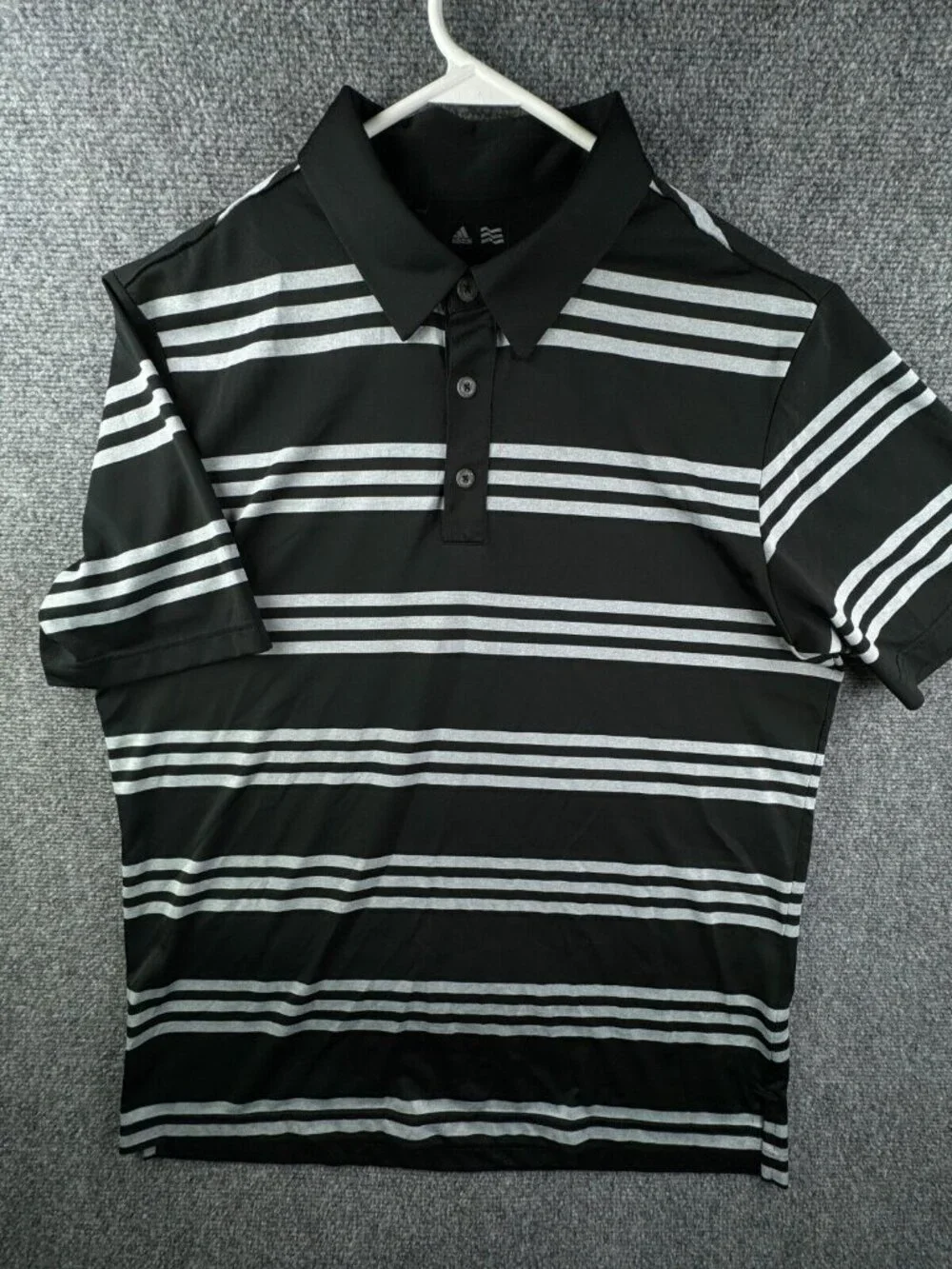 Adidas Men’s Short Sleeve Polo Shirt Golf Black Gray Striped Large Polyester
